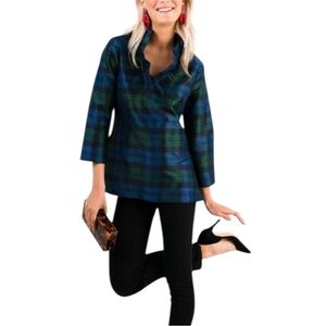 Devon Baer Classic Collection Ruffle Collar Navy Green Plaid 100% Silk Tunic M